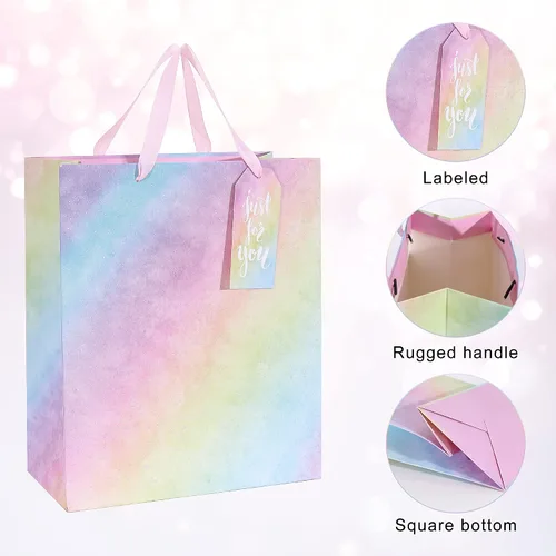 Vista 4 de Paquete de 4 bolsas de regalo con asas, bolsas de regalo de tamaño mediano degradado con purpurina con papel de seda, bolsa colorida de regalo