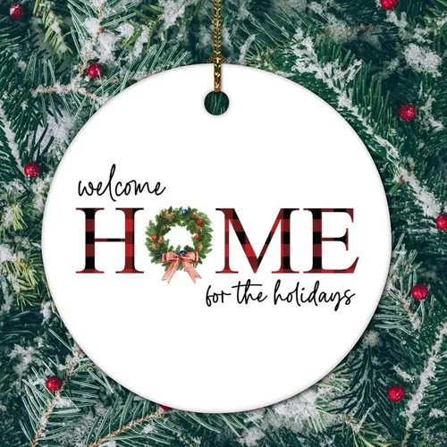 Vista 4 de Adorno de Navidad de cerámica de 3 pulgadas, recuerdo de bienvenida a casa para las vacaciones, divertido colgante de porcelana impresa de dos caras
