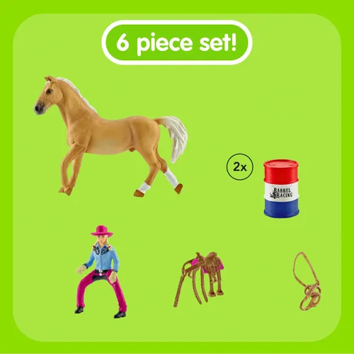 Vista 2 de Schleich Farm World - Juego de carreras de rodeo de 2 barriles, juego de carreras de rodeo con vaquera y caballo, juguetes y accesorios realistas
