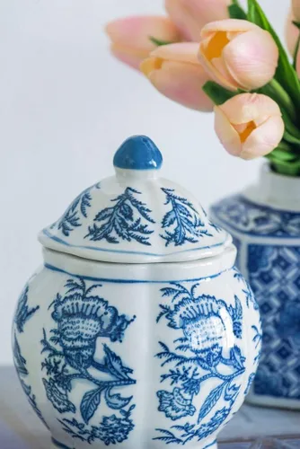 Vista 5 de T2 Concept - Juego de 3 tarros de jengibre decorativos orientales, azul y blanco, 100% porcelana, patrón floral A: 4.5 x 6 pulgadas de profundidad x