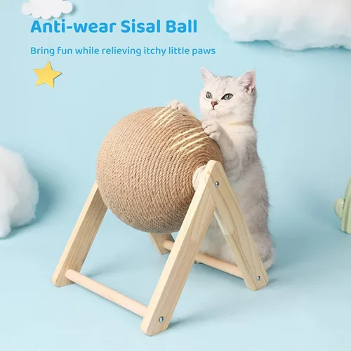 Vista 2 de BATTIPAW Rascador de gato, bola rascador de conejo, rascador de sisal natural, bola giratoria para gatos, juguete rascador de madera maciza