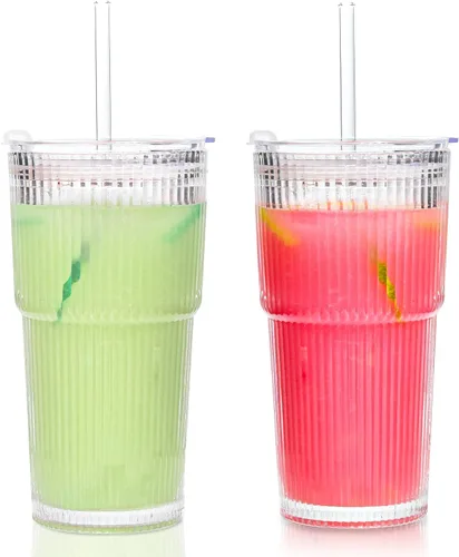 Vista 10 de Juego de 2 vasos de vidrio acanalado con tapas y pajitas de 13 onzas 2 unidades transparentes de 13 onzas