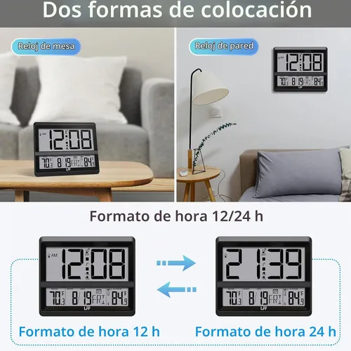 Vista 7 de LFF Reloj atómico de 11,5 pulgadas con fecha de temperatura interior y Negro