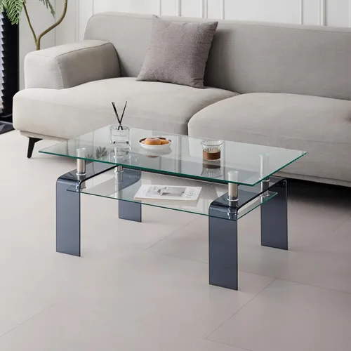 Vista 6 de Mesa de centro de vidrio templado con patas de cristal, moderna mesa de centro pequeña para sala de estar (marrón, 39.4 x 21.7 x 17.7 pulgadas)