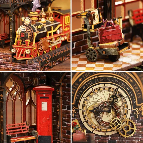 Vista 3 de Kit de rincón de libros, kit de bricolaje en miniatura de casa de muñecas con tren de vapor, rompecabezas de madera 3D para colgar libros con LED