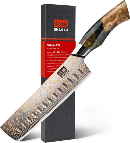 Vista 11 de Juego de cuchillos de cocina de Damasco SHAN ZU, cuchillos de cocina japoneses de cobre y acero de Damasco, cuchillo utilitario forjado a mano