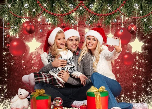 Vista 4 de CHAIYA Telón de fondo de Navidad de 7 x 5 pies, bola roja, decoraciones de fiesta de Navidad para la familia, vacaciones, Año Nuevo, telón de fondo