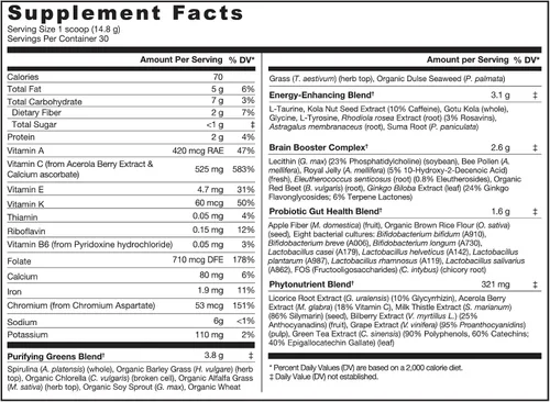 Vista 2 de Genuine Health Greens + Extra Energy Superfood Powder, proporciona un impulso de energía inmediato y apoya la salud intestinal, sabor a chocolate