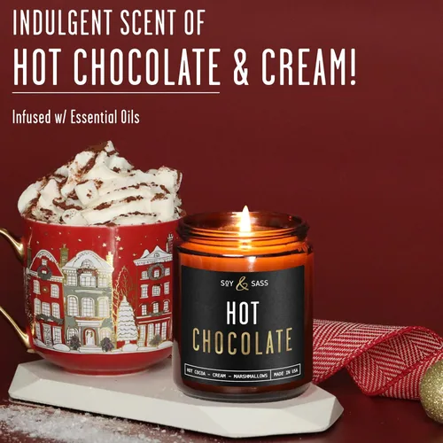 Vista 3 de Vela de chocolate caliente – con vela de cacao caliente y crema con infusión de aceites esenciales perfumados, tarro reutilizable de 9 onzas, larga