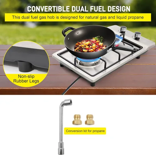 Vista 5 de Cocina de gas de 12 pulgadas, estufa de gas integrada de 2 quemadores de acero inoxidable con kit de conversión de NG/LPG, protección de termopar