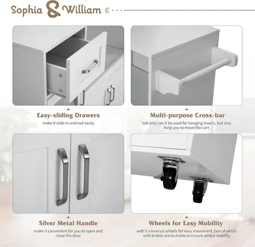 Vista 3 de Sophia & William Carrito de isla de cocina con ruedas con bandeja extensible, estante ajustable y puerta de cristal, isla de almacenamiento móvil