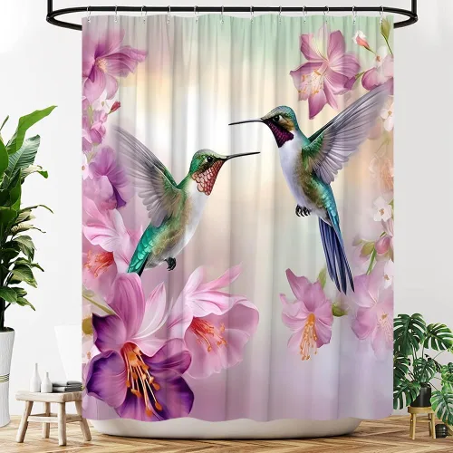 Vista 2 de Cortina de ducha floral de colibrí, acuarela, rosa, morado, jardín, naturaleza, paisaje, baño, decoración, juego de cortinas con ganchos