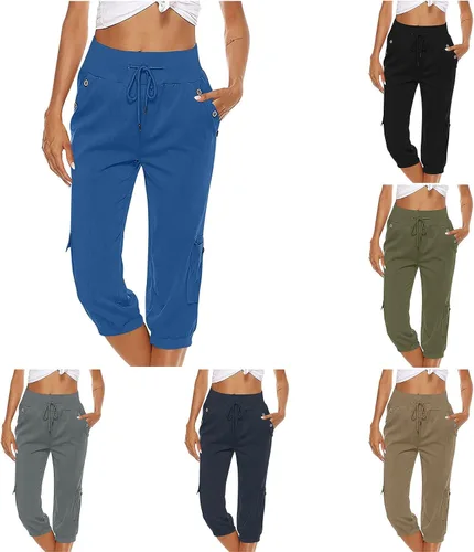 Vista 5 de Uillui Pantalones capri de algodón y lino para mujer, ligeros, holgados, pantalones deportivos de carga con cintura elástica, pantalones deportivos