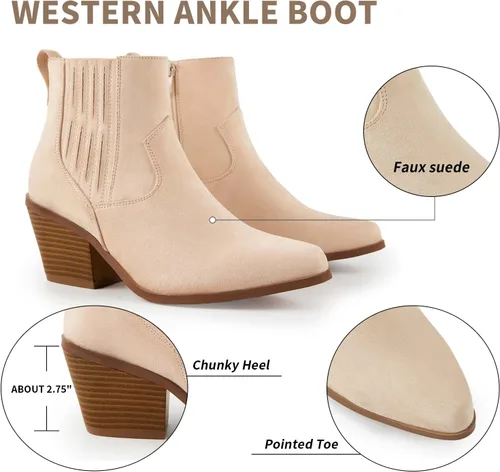 Vista 2 de TINSTREE Botines occidentales para mujer, puntera puntiaguda, tacón medio, estilo Chelsea con cremallera lateral, elástico