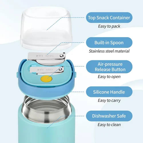 Vista 4 de Termo 2 en 1 para comida caliente con contenedor de aperitivos, contenedor de alimentos aislado de acero inoxidable de 20 onzas con asa y cuchara