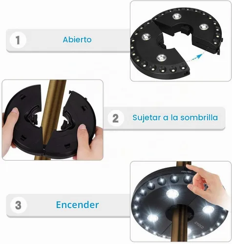 Vista 4 de OYOCO Luz para sombrilla de patio, 3 modos de brillo, inalámbrica, 28 luces LED a 200 lúmenes, 4 pilas AA, luz de poste para sombrilla de patio