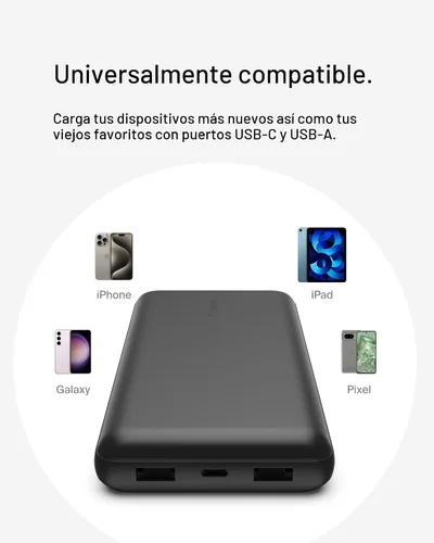Vista 8 de Belkin Cargador Portátil, Batería Externa USB-C 20000 mAh con 2 Puertos USB-A, 15W con Cable Tipo-A a Tipo-C - iPhone 17, Air, Pro, Pro Max