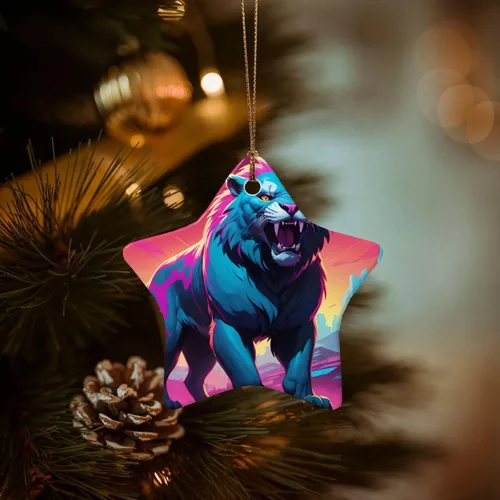 Vista 4 de Synthwave Sabertooth Printed Star Shape Ceramic Pendant, Perfect for Decorating Your Home Christmas Tree for Winter Parties