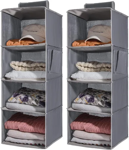 Vista 15 de 2 Packs Hanging Closet Organizer Storage, 3-Shelf Hanging Shelves for Closet, Closet Clothes Organizer and Storage with Side Pocket, Beige