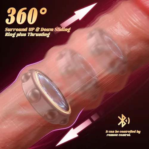 Vista 2 de Vibrador de empuje realista con anillo deslizante de 360° y control remoto Desnudo