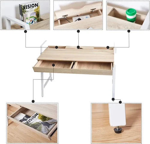 Vista 4 de LUCKYERMORE Escritorio para computadora de oficina en casa, mesa de pie de madera de roble de 50 pulgadas con 2 cajones, escritorio de estudio