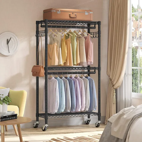 Vista 2 de VIPEK R2 - Perchero mediano con ruedas y ganchos laterales, resistente para colgar ropa, ajustable con alambre de metal, armario portátil con ruedas