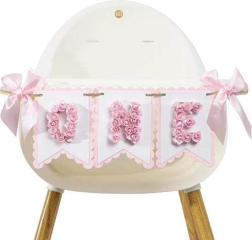 Vista 2 de Cartel de flor para silla alta de primer cumpleaños – Cartel de un cumpleaños rosa y dorado, decoración de princesa de primer cumpleaños, cartel