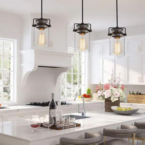 Vista 7 de Iluminación colgante para isla de cocina, lámpara colgante de cristal moderna lineal para comedor, 1 luz, lámpara colgante industrial para techo