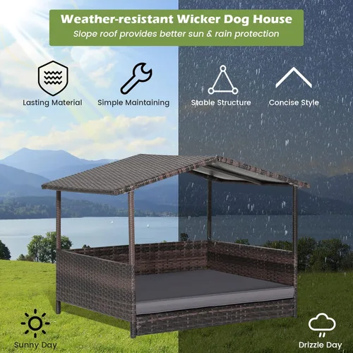 Vista 9 de Tangkula Casa de mimbre para perros, cama elevada de ratán para interiores y exteriores con cojín extraíble, funda lavable, techo impermeable