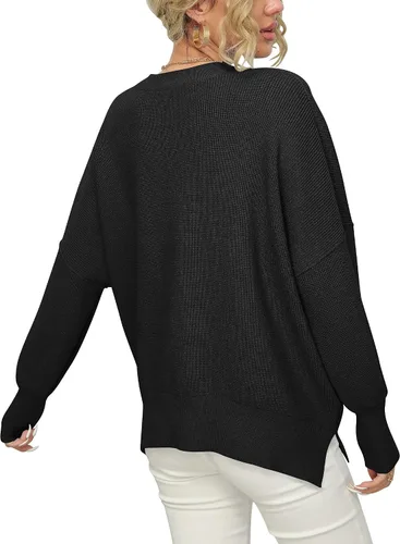 Vista 2 de LOGENE Suéter de punto acanalado de gran tamaño con cuello redondo y abertura lateral para mujer