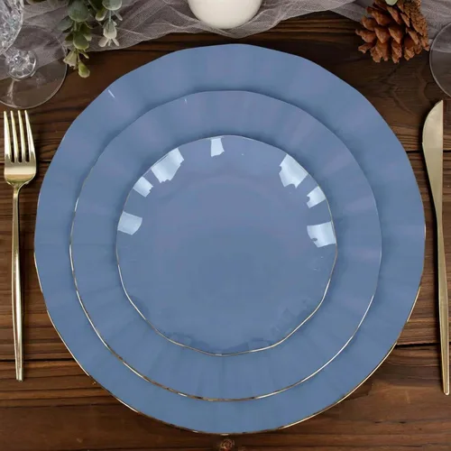 Vista 13 de Efavormart 10 Pack Platos redondos de plástico negro de 6" para postre y ensalada, platos desechables para aperitivos con borde ondulado dorado