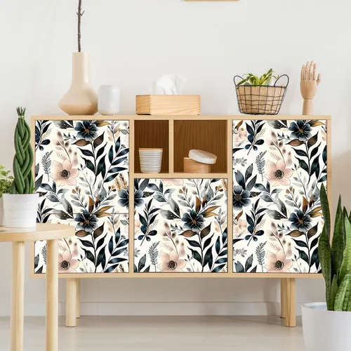 Vista 5 de Papel tapiz floral azul oscuro y rosa para despegar y pegar, papel tapiz vintage de hojas, fácil de despegar, autoadhesivo, extraíble, para armario