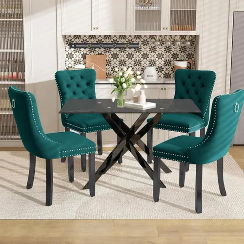 Vista 29 de Juego de mesa de comedor de 51 pulgadas de vidrio para 4, mesa de cocina rectangular de vidrio con 4 sillas tapizadas con acentos de terciopelo