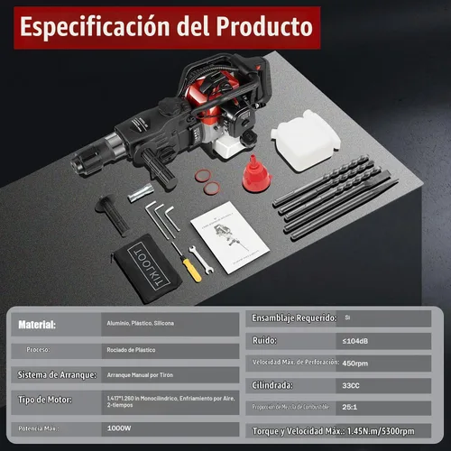 Vista 8 de Martillo de demolición de 32.7 CC, trituradora de hormigón de 2 tiempos, martillo Jack de servicio pesado de 1100 W, 5 piezas de broca de cincel
