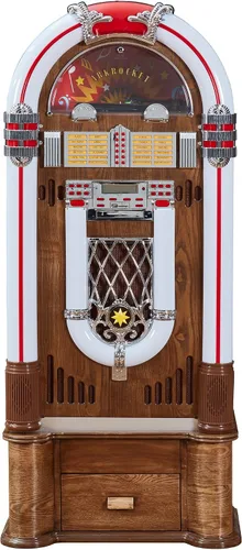 Vista 2 de ARKROCKET Jukebox Saturn V con soporte • Reproductor de discos de vinilo • USB • SD • AUX • Radio FM • MP3 • Reproductor de CD • Luz LED arcoíris •
