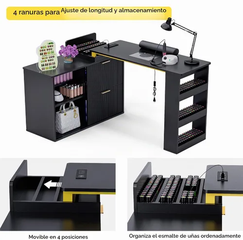Vista 5 de Mesa de manicura con luz LED, mesa de uñas en forma de L con colector de polvo y tomas de corriente, estación de uñas de esquina de longitud
