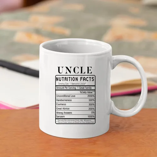 Vista 3 de Panvola Uncle Nutrition Facts Label From sobrino Hermano Hermana Día del Padre Nuevos tíos Divertidos Familia Reunión Taza de café de cerámica 11oz