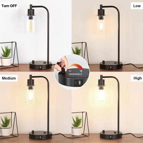 Vista 4 de Lámpara de mesa industrial con puertos USB A+C y toma de corriente, lámpara de mesita de noche moderna totalmente regulable, lámpara de escritorio