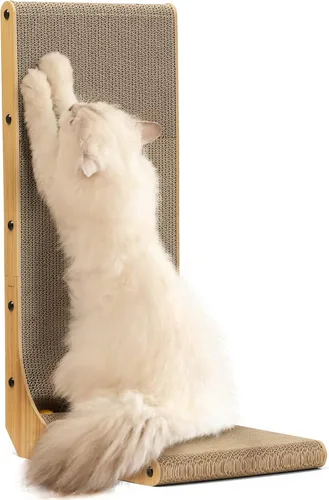 Vista 8 de FUKUMARU Rascador para gatos, 18.7 pulgadas en forma de L, almohadilla para rascar para gatos montada en la pared, cartón rascador para gatos