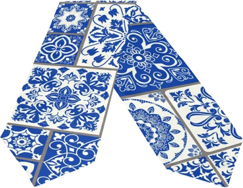 Vista 2 de Camino de mesa de 13 x 90 pulgadas, color azul, de cerámica mexicana, antideslizante, resistente al calor, moderno, ideal para cenas, vacaciones