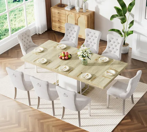 Vista 66 de Mesa de comedor extensible de 78.74 pulgadas para 6 8 y 10 pulgadas, moderna mesa de comedor extensible de granja con base de doble pedestal, mesa