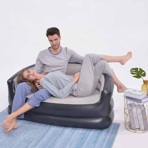 Vista 2 de Sofá inflable doble plegable, colchón inflable con reposabrazos, sofá de aire portátil para sala de estar interior y balcón al aire libre, patio