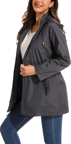 Vista 3 de GUANYY Chaqueta impermeable para mujer, chaqueta Anorak para exteriores, con capucha