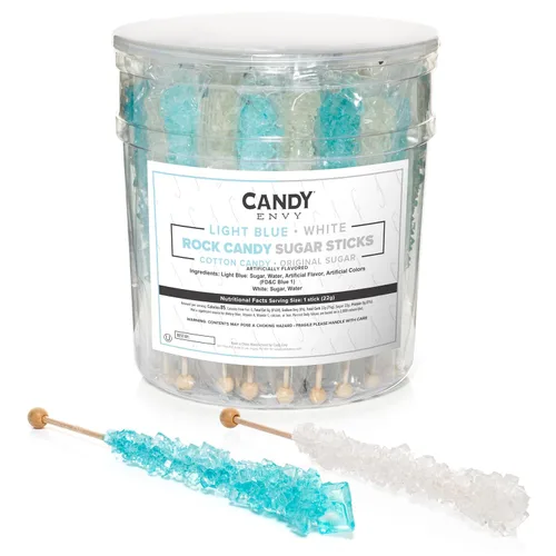 Vista 11 de Palitos de azúcar de caramelo de roca azul claro y blanco, 12 golosinas envueltas individualmente, algodón de azúcar y sabor a azúcar original