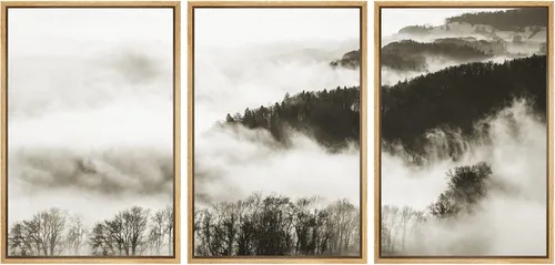 Vista 45 de SIGNWIN Lienzo enmarcado para pared, juego de decoración de guardería de bosques, niebla y niebla sobre bosque de montaña oscura, naturaleza, arte