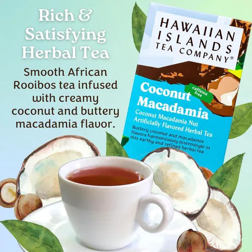 Vista 2 de HAWAIIAN ISLANDS TEA COMPANY Té de hierbas de coco y macadamia, todo natural - 20 bolsitas de té (1 cajas)