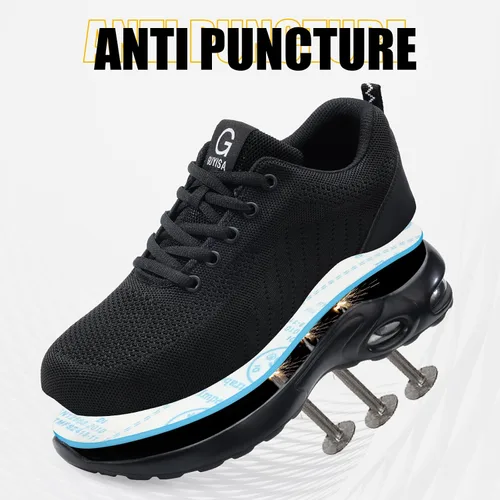 Vista 3 de GLANOUDUN Zapatos de punta de acero para hombre, ligeros, con amortiguación de aire, zapatos de trabajo de seguridad indestructibles, zapatos
