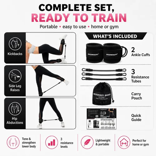 Vista 7 de Ankle Resistance Bands with Cuffs, Natural Latex Tubes, 3 Levels for Leg and Glute Workouts, Padded Ankle Straps for Kickbacks, Hip Training and