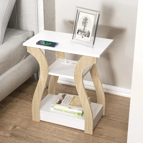 Vista 17 de FROMJBEST - Mesa auxiliar con estación de carga; mesa de lado con puertos USB y tomas de corriente; mesa de noche de sofá de 3 niveles para espacios