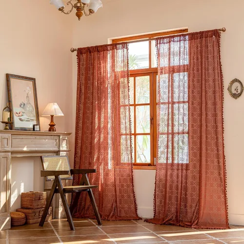 Vista 48 de YJ YANJUN - Cortinas de café boho, 24 pulgadas de largo, 2 paneles, cada una de 59" de ancho x 24" de largo, beige, con crochet, cortinas de cocina